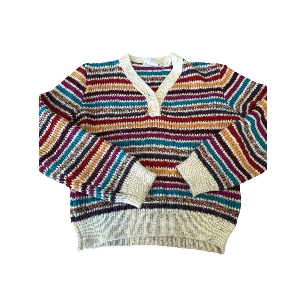 VTG Sweater Striped Henley Bright Funky Grunge 80s 90s Preppy Punk Retro Small